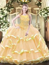 Gold Sleeveless Organza Zipper Quinceanera Gowns for Military Ball and Sweet 16 and Quinceanera