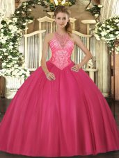 Exceptional Floor Length Hot Pink Vestidos de Quinceanera High-neck Sleeveless Lace Up