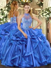 Blue Lace Up Halter Top Beading and Embroidery and Ruffles Quinceanera Gown Organza Sleeveless