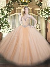 Noble Peach Lace Up Sweetheart Beading Quince Ball Gowns Tulle Sleeveless