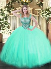 Exquisite Beading Quinceanera Gown Apple Green Lace Up Sleeveless Floor Length