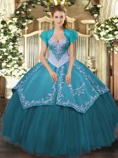 Customized Satin and Tulle Sweetheart Sleeveless Lace Up Beading and Embroidery Sweet 16 Dress in Teal