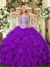 Comfortable Sleeveless Beading and Ruffles Lace Up Ball Gown Prom Dress