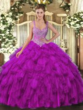 Luxurious Purple Straps Lace Up Beading and Ruffles Quinceanera Dresses Sleeveless