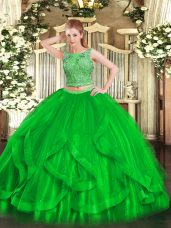 Green Two Pieces Beading and Ruffles Quince Ball Gowns Lace Up Organza Sleeveless Floor Length