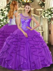 Purple Tulle Lace Up Scoop Sleeveless Floor Length Ball Gown Prom Dress Beading and Ruffles