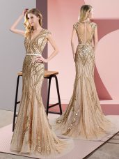 Mermaid Dress for Prom Champagne V-neck Tulle Sleeveless Floor Length Zipper