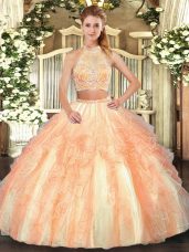 Halter Top Sleeveless Criss Cross Ball Gown Prom Dress Gold Tulle