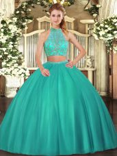 Unique Turquoise Tulle Criss Cross Quinceanera Dress Sleeveless Floor Length Beading