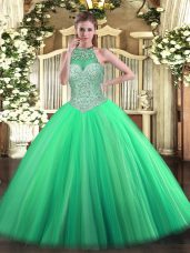 Halter Top Sleeveless Ball Gown Prom Dress Floor Length Beading Green Tulle