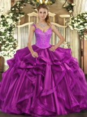 Straps Sleeveless Organza Sweet 16 Dress Beading and Ruffles Lace Up