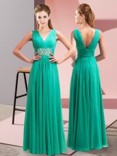 Turquoise Empire Beading and Ruching Prom Gown Side Zipper Chiffon Sleeveless Floor Length