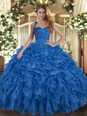 Blue Ball Gowns Halter Top Sleeveless Organza Floor Length Lace Up Ruffles 15 Quinceanera Dress