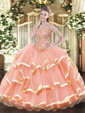 Peach Quinceanera Gown Sweet 16 and Quinceanera with Appliques and Ruffled Layers Sweetheart Sleeveless Lace Up