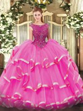 Elegant Sleeveless Floor Length Beading and Ruffled Layers Zipper Ball Gown Prom Dress with Fuchsia