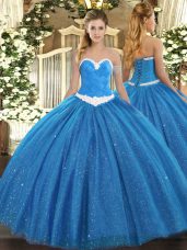 Luxury Sweetheart Sleeveless Lace Up Quince Ball Gowns Blue Tulle