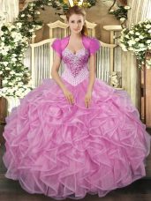 Trendy Rose Pink Sleeveless Floor Length Beading and Ruffles Lace Up Ball Gown Prom Dress