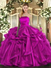 Fuchsia Ball Gowns Organza Strapless Sleeveless Ruffles Floor Length Lace Up Quince Ball Gowns