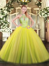 Yellow Green Tulle Lace Up 15th Birthday Dress Sleeveless Floor Length Sequins