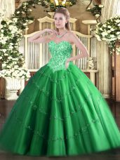 Extravagant Green Ball Gowns Tulle Sweetheart Sleeveless Appliques Floor Length Lace Up Sweet 16 Dress