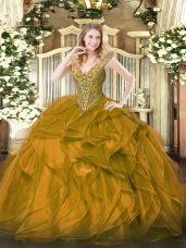 Brown Organza Lace Up V-neck Sleeveless Floor Length Quince Ball Gowns Beading and Ruffles