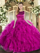 Fancy Sleeveless Floor Length Ruffles Lace Up Sweet 16 Dress with Fuchsia