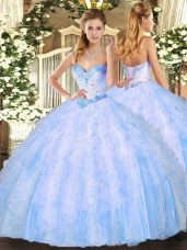 Fine Sleeveless Floor Length Beading and Ruffles Lace Up Quinceanera Dresses with Light Blue