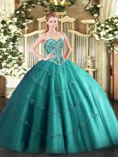 Sumptuous Teal Quinceanera Gowns Military Ball and Sweet 16 and Quinceanera with Beading and Appliques Sweetheart Sleeveless Lace Up