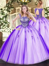 Sleeveless Tulle Floor Length Lace Up Sweet 16 Dress in Lavender with Beading