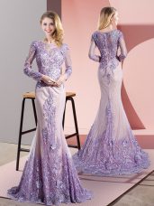 Lavender Scoop Zipper Beading and Appliques Party Dress for Girls Sweep Train Long Sleeves