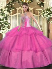Hot Pink Ball Gowns Beading and Ruffled Layers Ball Gown Prom Dress Lace Up Tulle Sleeveless Floor Length