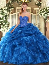 Inexpensive Floor Length Blue 15 Quinceanera Dress Sweetheart Sleeveless Lace Up