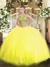 New Arrival Scoop Sleeveless Tulle Ball Gown Prom Dress Beading Lace Up