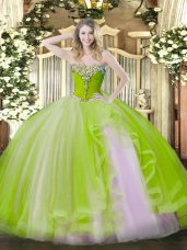 Deluxe Yellow Green Sleeveless Floor Length Beading and Ruffles Lace Up Quinceanera Dress