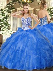 Fantastic Blue Sweetheart Lace Up Beading and Ruffles Quinceanera Gown Sleeveless
