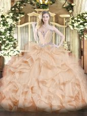 Sleeveless Floor Length Beading and Ruffles Lace Up Sweet 16 Dresses with Peach