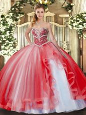 Custom Fit Coral Red Sleeveless Beading and Ruffles Floor Length Ball Gown Prom Dress