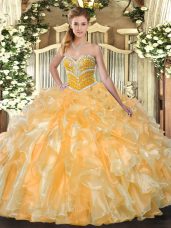 Inexpensive Orange Organza Lace Up Sweetheart Sleeveless Floor Length Quinceanera Gown Beading and Ruffles