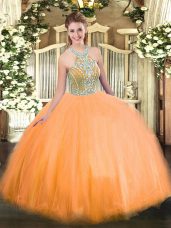 Stunning Floor Length Lace Up 15th Birthday Dress Orange for Military Ball and Sweet 16 and Quinceanera with Beading