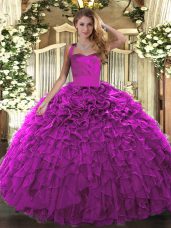 Fuchsia Ball Gowns Organza Halter Top Sleeveless Ruffles Floor Length Lace Up Quinceanera Gown