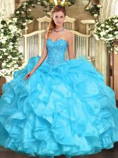 Cheap Floor Length Aqua Blue Ball Gown Prom Dress Organza Sleeveless Beading and Ruffles