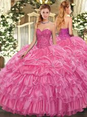 Stylish Floor Length Rose Pink Sweet 16 Dress Organza Sleeveless Beading and Ruffled Layers and Pick Ups