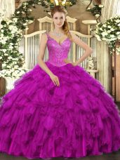 Simple Fuchsia Sleeveless Floor Length Beading and Ruffles Lace Up Sweet 16 Dress
