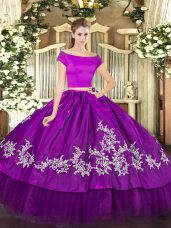 Beautiful Purple Off The Shoulder Neckline Embroidery Quinceanera Gown Short Sleeves Zipper