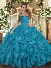 Floor Length Ball Gowns Sleeveless Teal Quince Ball Gowns Lace Up