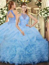 Halter Top Sleeveless Lace Up 15 Quinceanera Dress Aqua Blue Organza