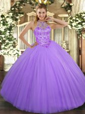Affordable Lavender Lace Up Halter Top Beading Ball Gown Prom Dress Tulle Sleeveless