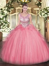 Captivating Watermelon Red Scoop Lace Up Beading and Ruffles Quinceanera Dresses Sleeveless