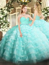 Low Price Sweetheart Sleeveless Zipper Sweet 16 Quinceanera Dress Aqua Blue Tulle