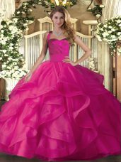 Floor Length Hot Pink Quinceanera Gowns Halter Top Sleeveless Lace Up